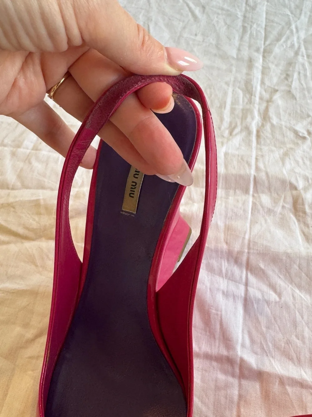 Miu Miu Hot Pink Patent Leather Slingback Wedges